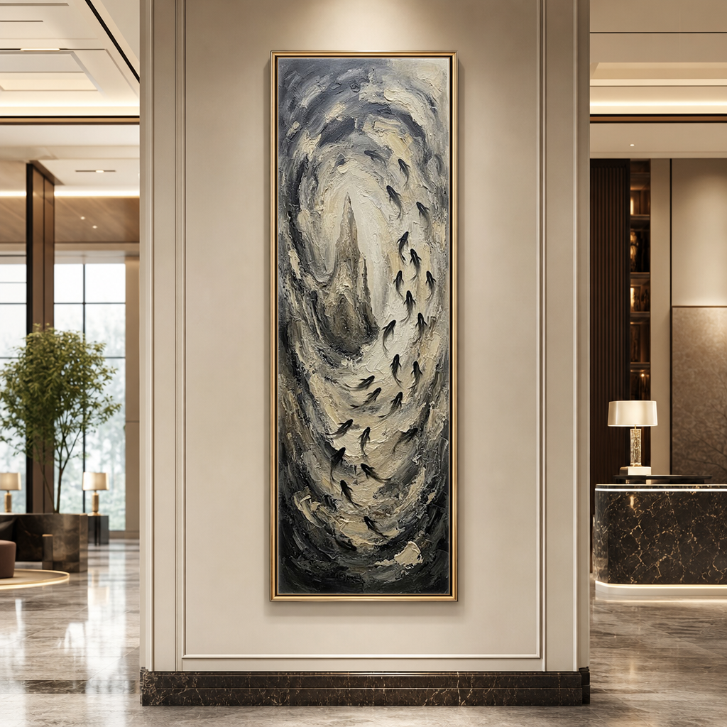 Monochrome Textured Swirling Black Beige Dark Grey Impasto Abstract Vertical Framed Wall Art with Silhouetted Fish School Motifs – Muted Elegant Decor for Contemporary Home or Office Spaces