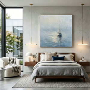 Serene Sailboat at Dawn Coastal Framed Impasto Wall Art, Soft Blue White Beige Gold Nautical Ocean Landscape Painting, Textured Calm Sea Decor for Home Living Room Bedroom Office Dining Room Hallway