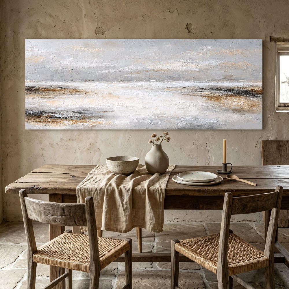 Abstract Neutral Toned Textured Seascape Impasto Wall Art, Large Panoramic Soft Grey White Beige Brown Coastal Canvas Artwork, Modern Minimalist Living Room Bedroom Decor, Framed Horizontal Painting