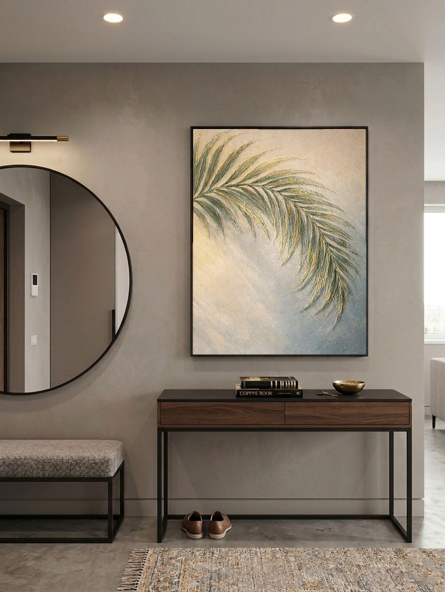 Minimalist Soft Muted Green Beige Palm Leaf Textured Framed Canvas Wall Art for Tranquil Home Decor