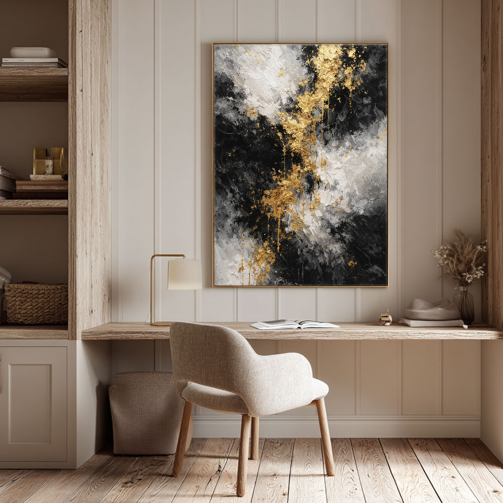 Black White Gold Abstract Thick Textured Impasto Canvas Wall Art, Modern Luxury Vertical Framed Artwork for Contemporary Home Decor, Living Room Bedroom Dining Hallway Office Accent