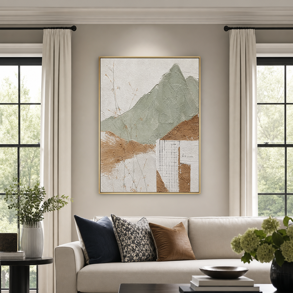 Abstract Sage Green Terracotta Off White Textured Acrylic-style Vertical Landscape Wall Art for Living Room