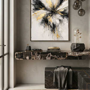 Modern Abstract Black White Gold Impasto Wall Art, Radial Splash Textured Canvas Painting, Thick Knife Brush Marks Framed Artwork for Living Room Bedroom Office Hallway Dining Room, Contemporary Minimalist Home Decor Accent