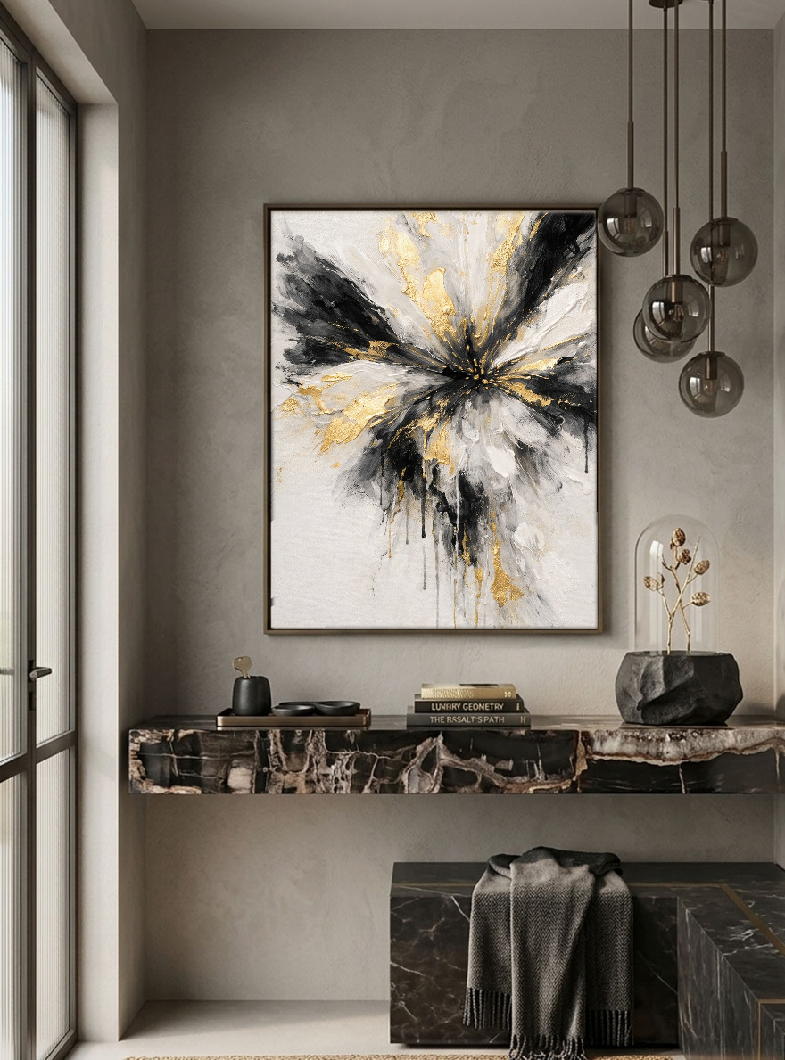 Modern Abstract Black White Gold Impasto Wall Art, Radial Splash Textured Canvas Painting, Thick Knife Brush Marks Framed Artwork for Living Room Bedroom Office Hallway Dining Room, Contemporary Minimalist Home Decor Accent