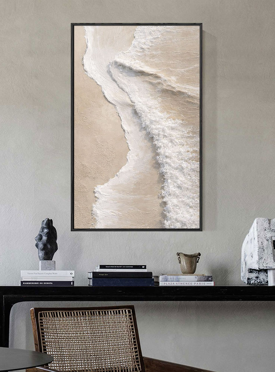 Minimalist Neutral Textured Ocean Beach Wave Canvas Wall Art, Thick Paint Impasto Coastal Landscape Artwork for Modern Home, Beige White Soft Tones Abstract Painting for Living Room Bedroom Office Decor