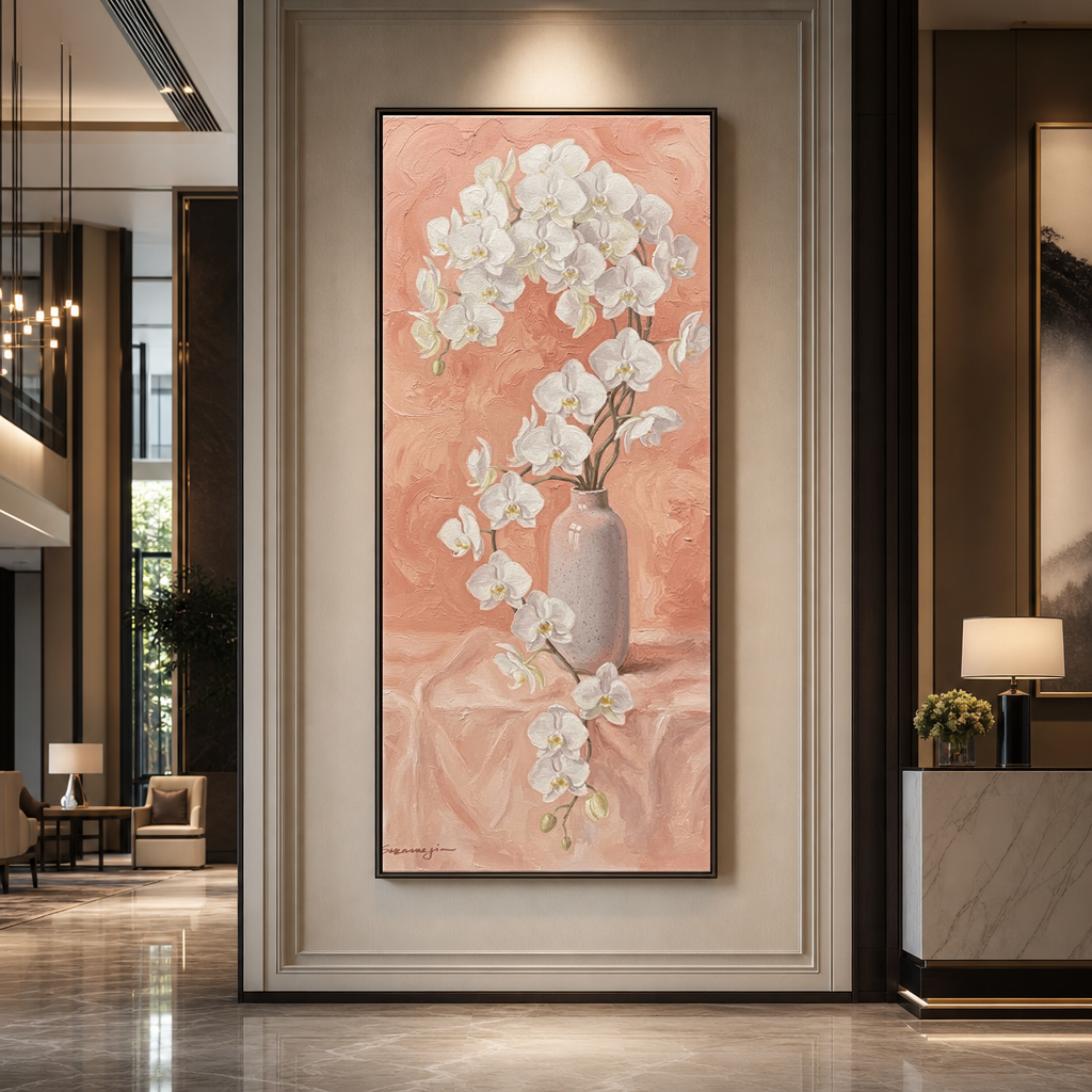 Elegant White Orchid Flower in Soft Light Grey Vase on Blush Pink Textured Background Framed Canvas Wall Art - Botanical Still Life Painting with Thick Impasto Brushstrokes for Modern Minimalist Living Room Bedroom Office Home Decor