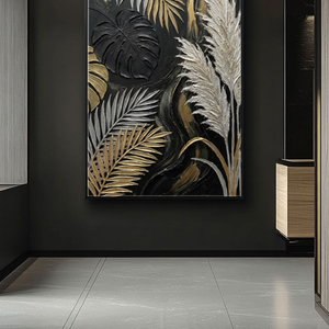 Black Gold White Beige Monstera Palm Pampas Grass Textured 3D Botanical Wall Art for Modern Luxury Home Living Room Bedroom Dining Room Office Hallway Decor