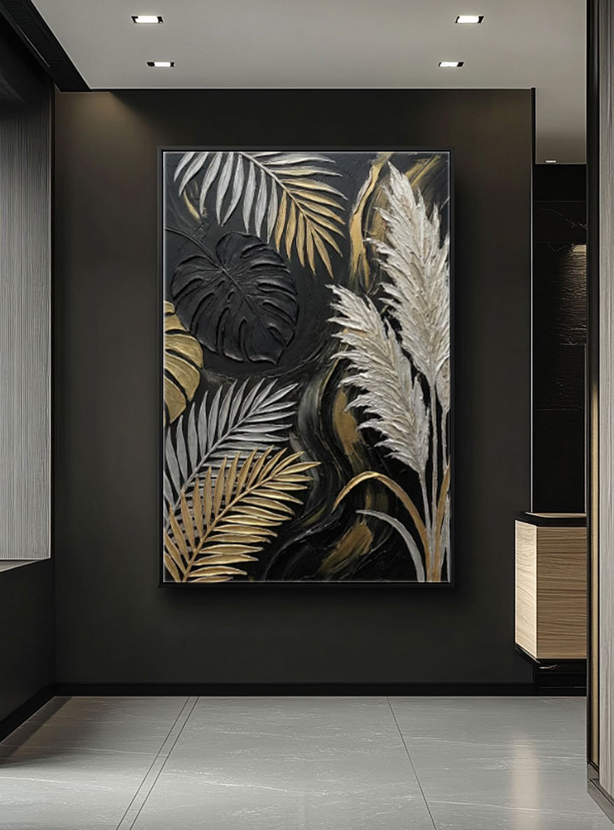Black Gold White Beige Monstera Palm Pampas Grass Textured 3D Botanical Wall Art for Modern Luxury Home Living Room Bedroom Dining Room Office Hallway Decor