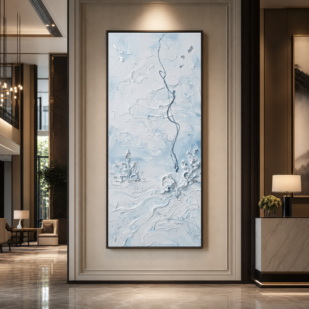 Minimalist Light Blue White Abstract Textured Ocean-inspired Framed Wall Art for Modern Living Room Bedroom Dining Room Hallway Office