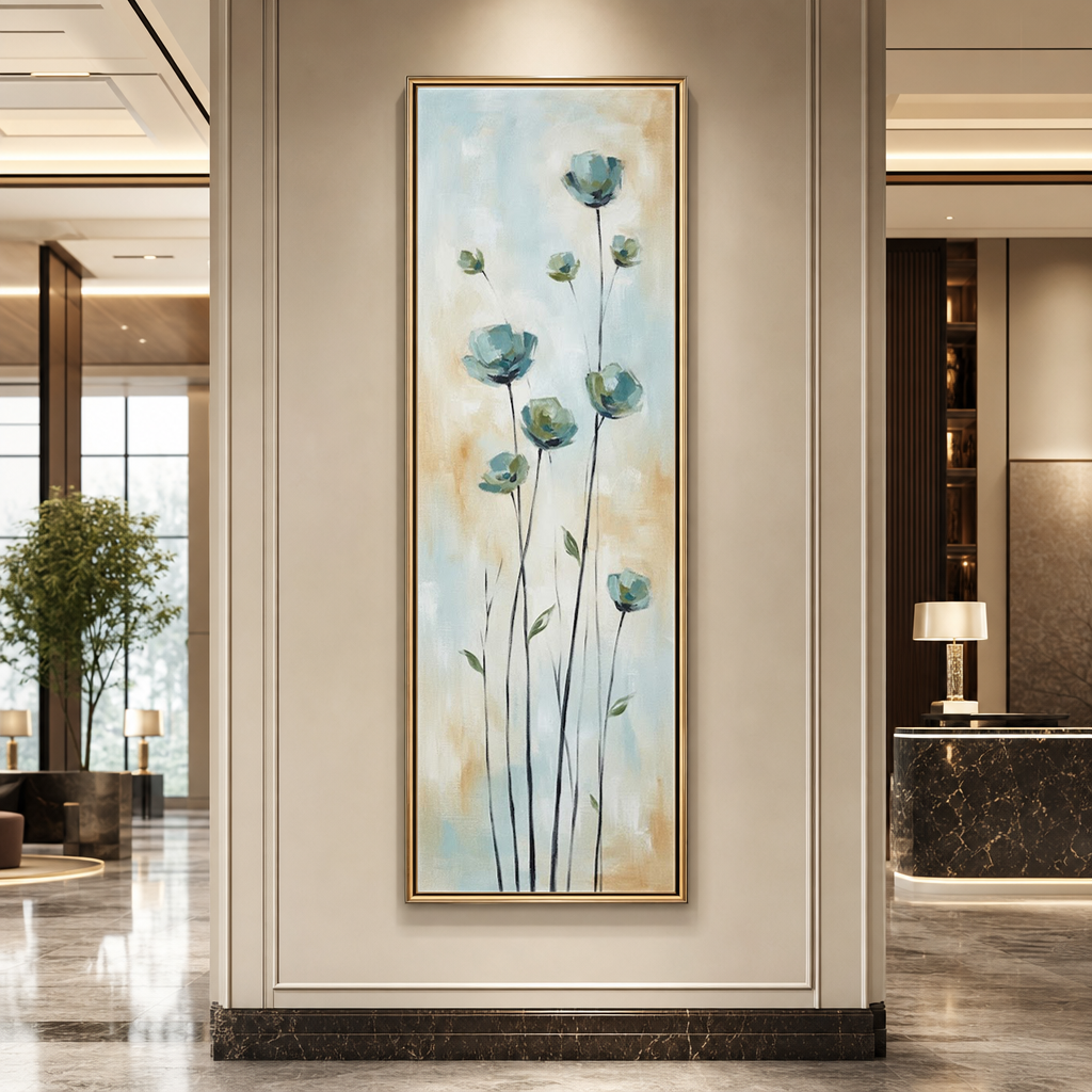 Abstract Floral Canvas Wall Art Soft Blue Beige Brown White Vertical Long Panel Botanical Painting Framed Minimalist Decor For Living Room Bedroom Dining Room Hallway Office