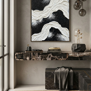 Black and White Abstract Textured Impasto Wave Wall Art Modern Minimalist Thick Paint Stacking Bold Contrast Non-Representational Canvas Artwork for Living Room Bedroom Office Home Decor