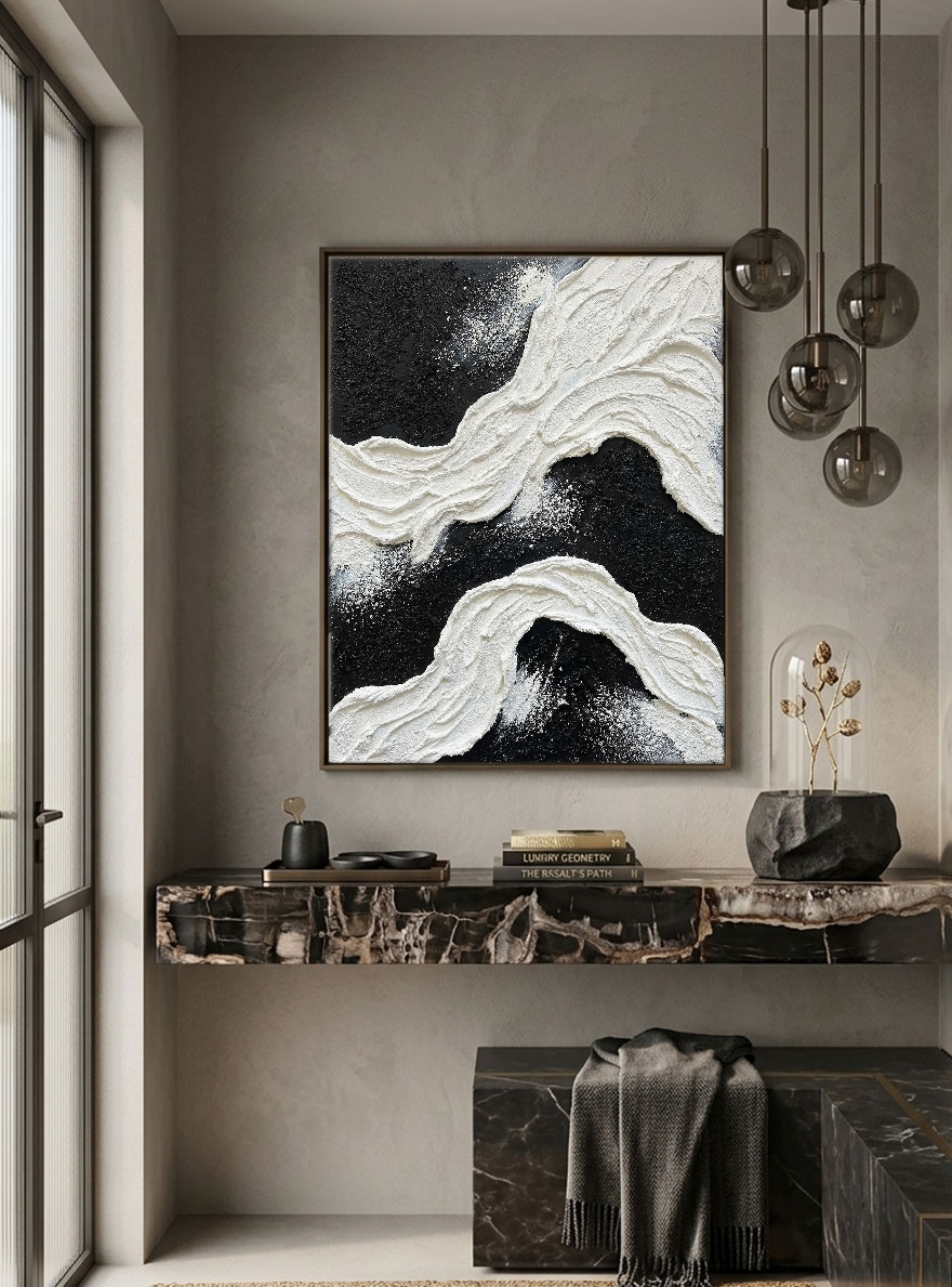 Black and White Abstract Textured Impasto Wave Wall Art Modern Minimalist Thick Paint Stacking Bold Contrast Non-Representational Canvas Artwork for Living Room Bedroom Office Home Decor