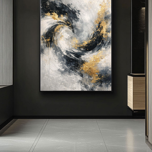 Elegant Modern Abstract Swirling Black White Dark Grey Light Gold Textured Wall Art Thick Paint Knife Marks Contemporary Bold Contrast Artwork for Sophisticated Home and Office Decor