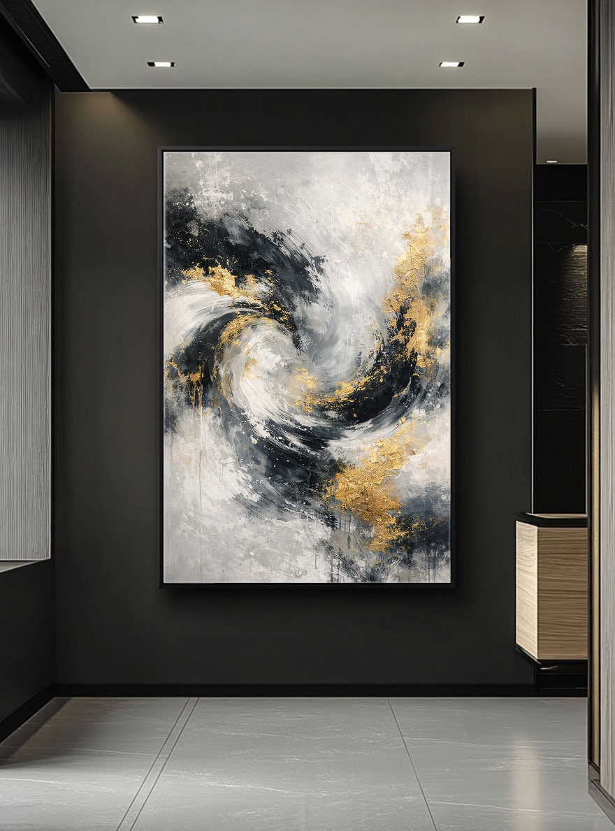 Elegant Modern Abstract Swirling Black White Dark Grey Light Gold Textured Wall Art Thick Paint Knife Marks Contemporary Bold Contrast Artwork for Sophisticated Home and Office Decor