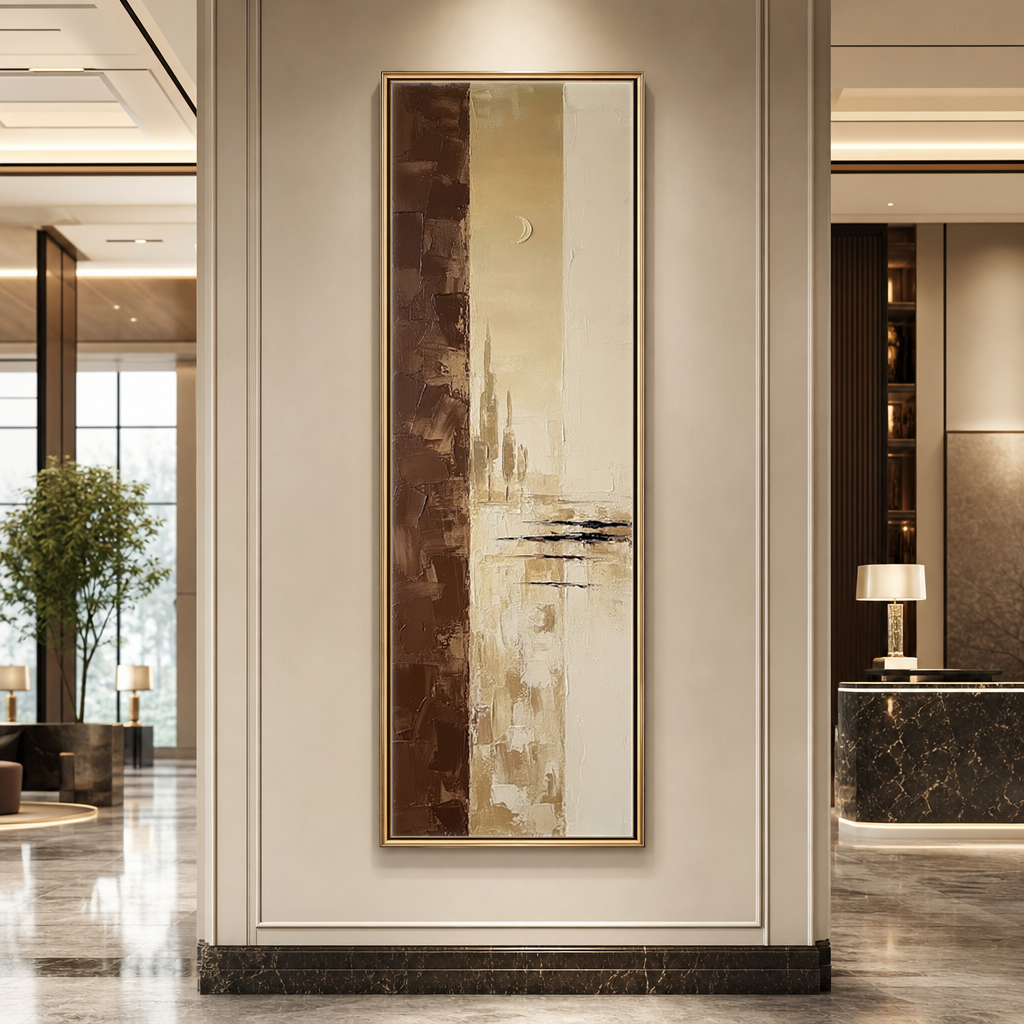 Minimalist Beige Brown Gold Abstract Textured Framed Canvas Wall Art, Vertical Large Size Modern Warm Earthy Tone Impasto Knife Painting for Living Room Bedroom Office Hallway Dining, Soft Moonlit Skyline Scene Artwork