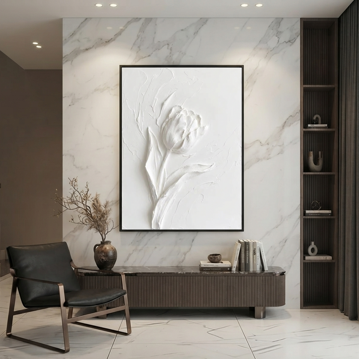 White Minimalist Textured Flower Vertical Wall Art with Plaster Texture for Bedroom and Living Room