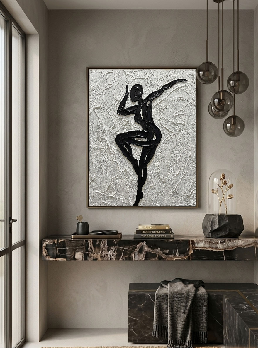 Black and White Textured Impasto Dancing Female Figure Portrait Minimalist Modern Bold Line Wall Art Decor for Living Room Bedroom Office Dining Room Hallway