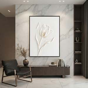 White and Subtle Beige Minimalist Plaster-style Textured Flower Vertical Wall Art for Living Room Bedroom