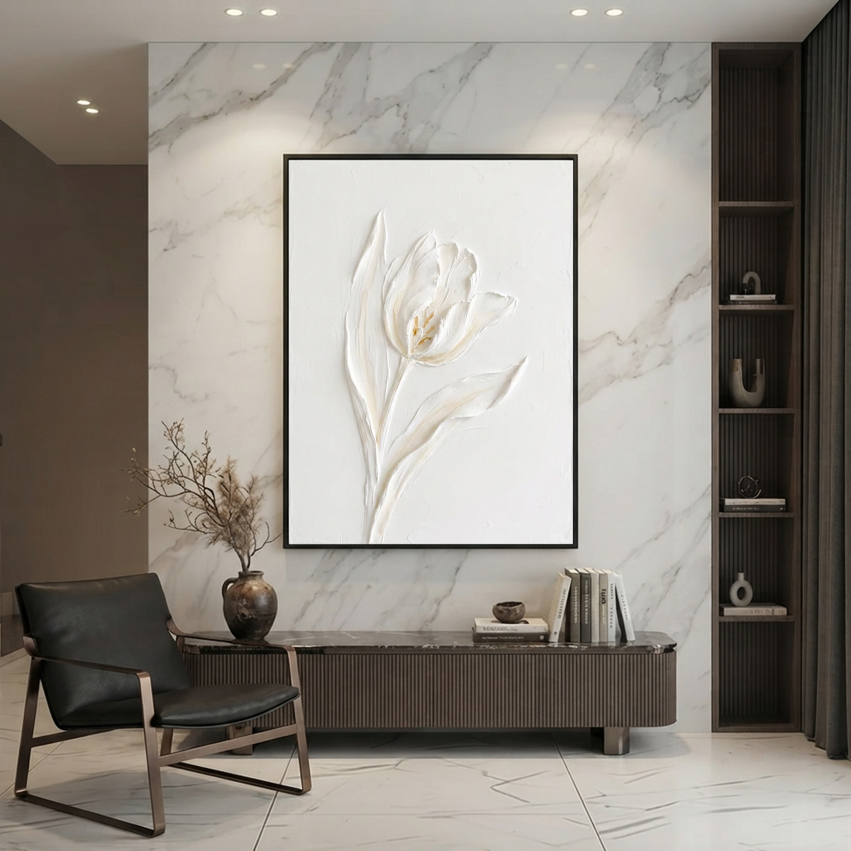 White and Subtle Beige Minimalist Plaster-style Textured Flower Vertical Wall Art for Living Room Bedroom