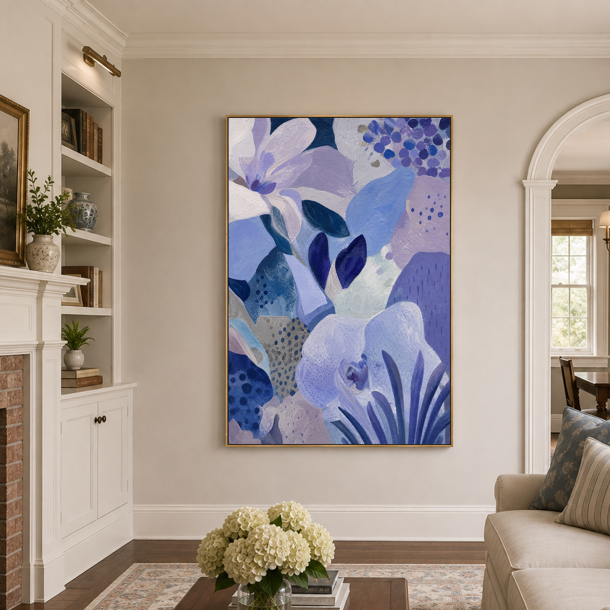 Abstract Floral Geometry Canvas Wall Art Purple Blue White Textured Modern Vibrant Painting for Living Room Bedroom Office Dining Room Hallway Contemporary Home Decor