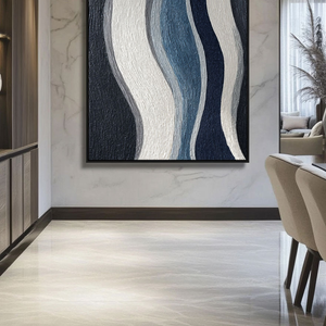 Modern Abstract Black White Blue Grey Curved Geometry Textured Minimalist Wall Art Decor, Large Framed Handmade Wavy Lines Stretched Canvas Artwork for Living Room Bedroom Dining Room Office Home Office Hallway Wall Decor
