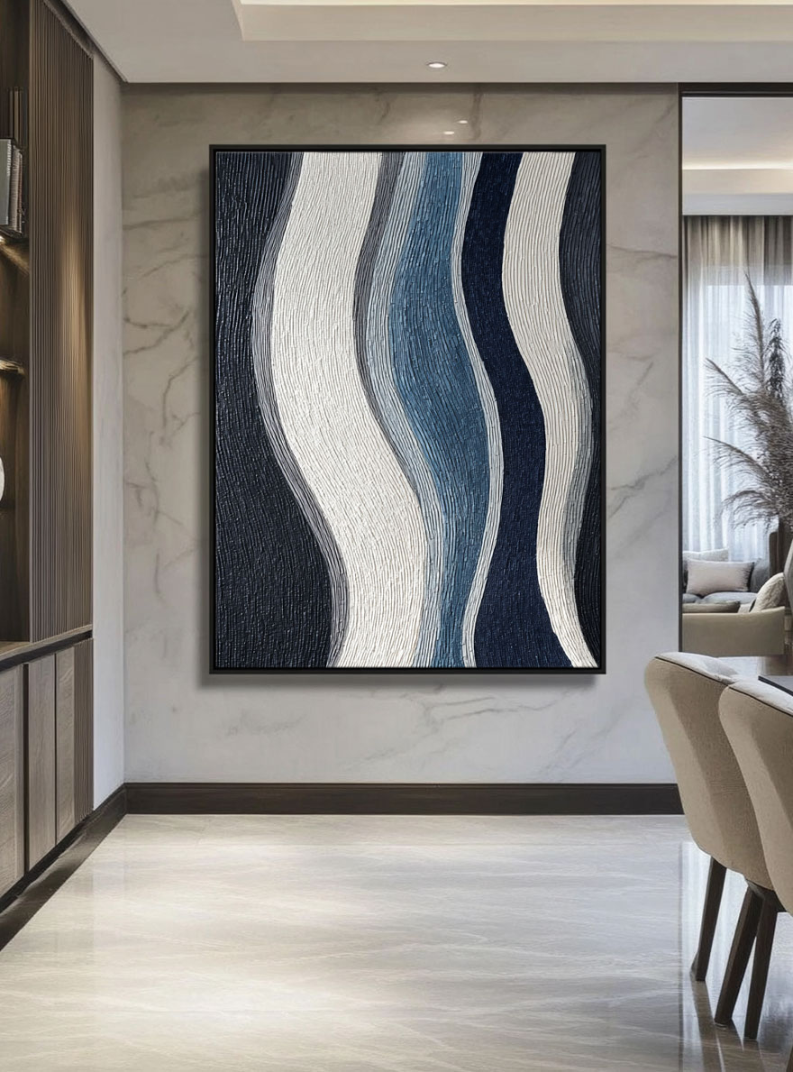 Modern Abstract Black White Blue Grey Curved Geometry Textured Minimalist Wall Art Decor, Large Framed Handmade Wavy Lines Stretched Canvas Artwork for Living Room Bedroom Dining Room Office Home Office Hallway Wall Decor