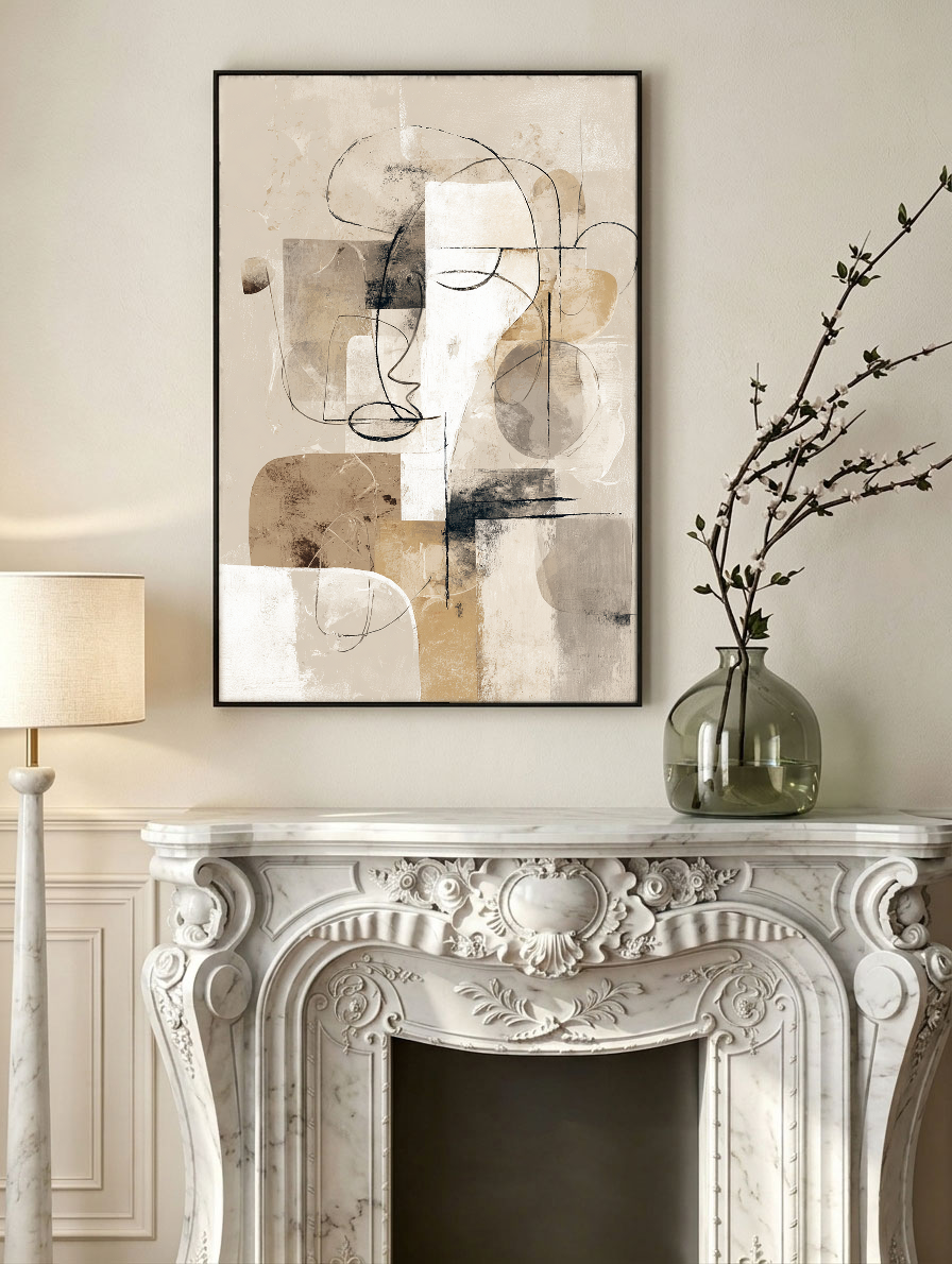 Modern Abstract Neutral Geometry & Lines Textured Canvas Wall Art Beige White Brown Black Subtle Line Drawings Soft Block Shapes Minimalist Home Decor for Living Room Bedroom Office Dining Room Hallway