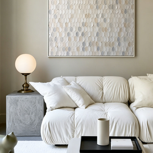 Minimalist Neutral Textured Abstract Oval Dot Impasto Wall Art, Soft White Beige Light Medium Grey Palette, Modern Calm Relaxing Painting for Contemporary Living Room Bedroom Office Dining Hallway Decor
