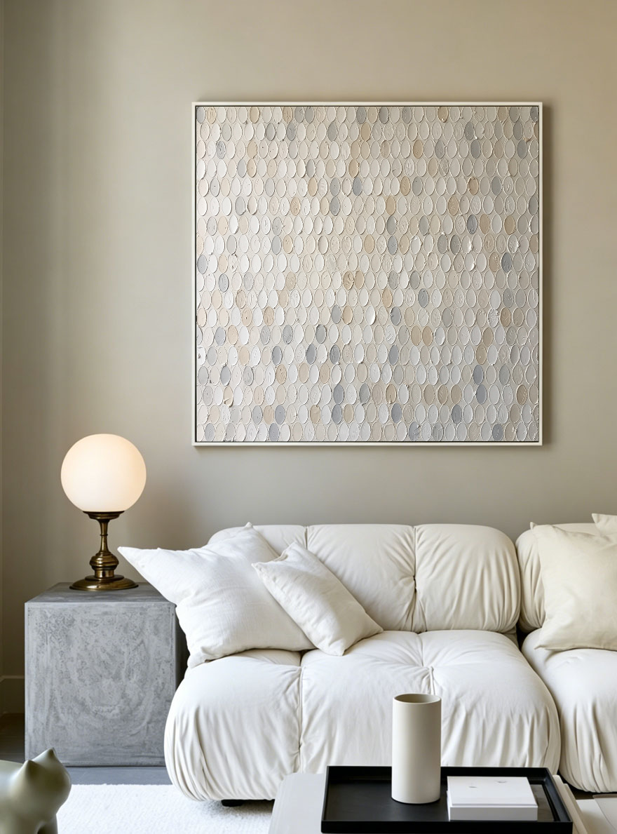 Minimalist Neutral Textured Abstract Oval Dot Impasto Wall Art, Soft White Beige Light Medium Grey Palette, Modern Calm Relaxing Painting for Contemporary Living Room Bedroom Office Dining Hallway Decor