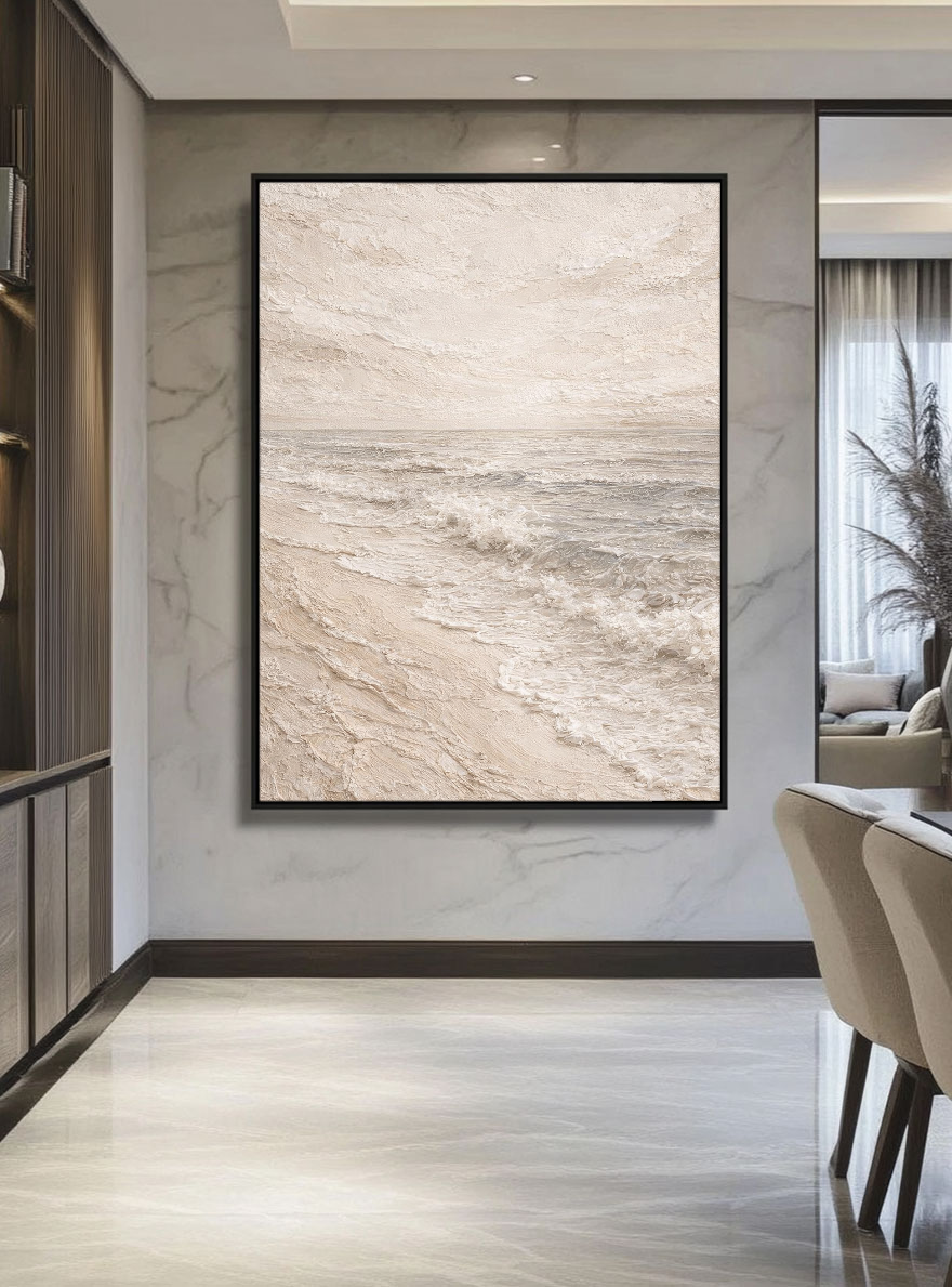 Minimalist Neutral Ocean Wave Textured Wall Art Beige White Grey Abstract Beach Scene Impasto Painting Coastal Artwork for Living Room Bedroom Dining Room Office Hallway