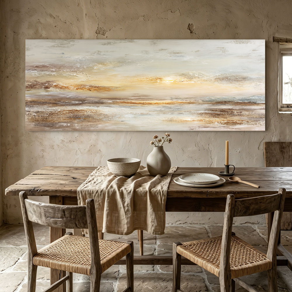 Large Framed Abstract Textured Sunset Seascape Wall Art, Modern Coastal Beige Brown White Gold Canvas Painting, Thick Impasto Knife Stroke Artwork for Living Room Bedroom Office Hallway Dining Room Home Decor