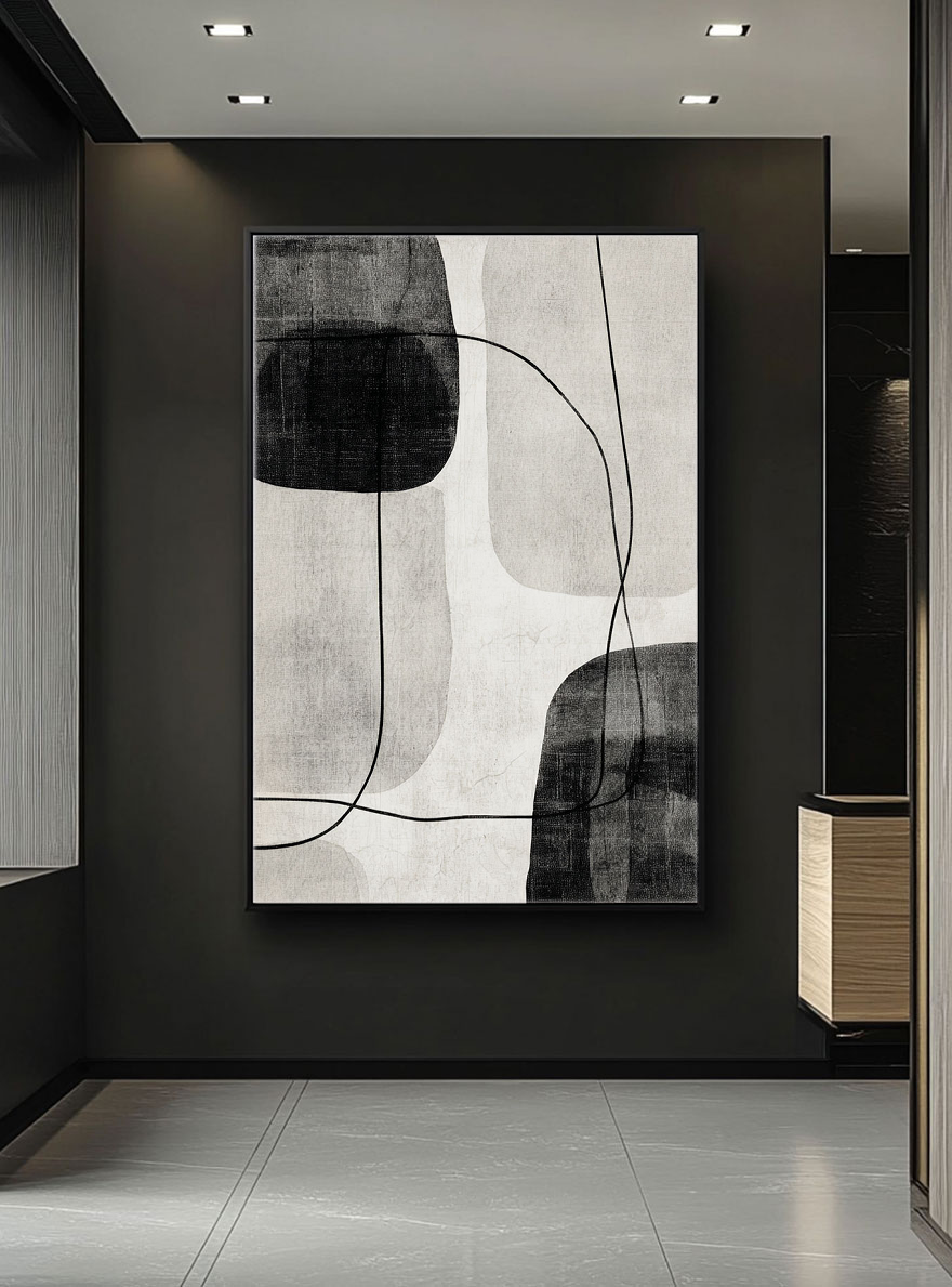 Black and White Minimalist Abstract Organic Shapes & Curved Lines Textured Canvas Wall Art for Modern Home Office Living Room Bedroom Dining Room Hallway Decor
