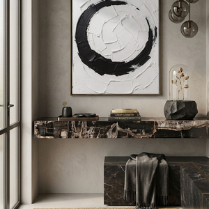 Minimalist Black and White Abstract Circular Impasto Wall Art, Bold Textured Brushstrokes Thick Paint Stacking Knife Marks Modern Geometric Line Decor for Contemporary Spaces
