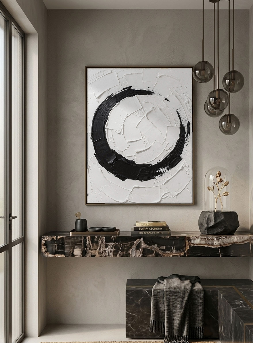 Minimalist Black and White Abstract Circular Impasto Wall Art, Bold Textured Brushstrokes Thick Paint Stacking Knife Marks Modern Geometric Line Decor for Contemporary Spaces