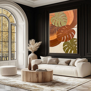 Vibrant Tropical Monstera Palm Leaf Wall Art with Warm Orange Brown Beige Green Tones, Thick Textured Impasto Knife Marks, Modern Botanical Decor for Living Room Bedroom Office Dining Room Hallway