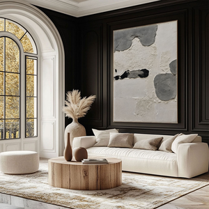Minimalist Asymmetrical Abstract Textured Wall Art Neutral Black Medium Grey Beige White Modern Handcrafted Plaster Style Decor for Contemporary Office Hallway Dining Room Bedroom Living Room