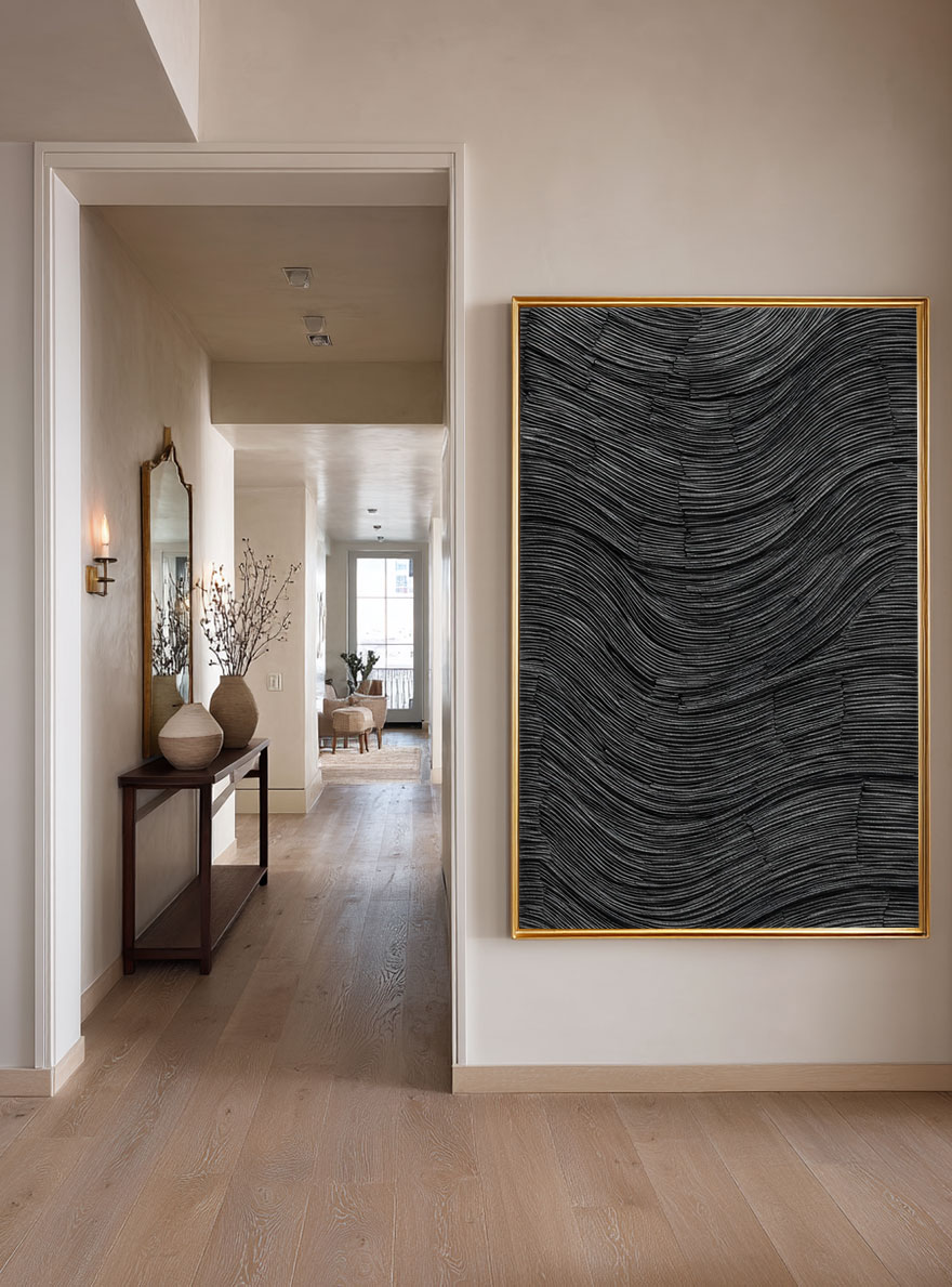 Modern Minimalist Dark Grey Black Abstract Textured 3D Relief Wave Line Wall Art for Office Hallway Living Room Bedroom Dining Room