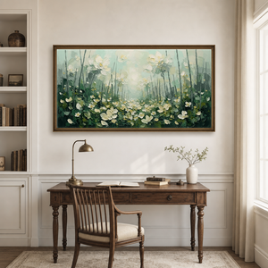 Serene Impasto White Meadow in Sage Green in office