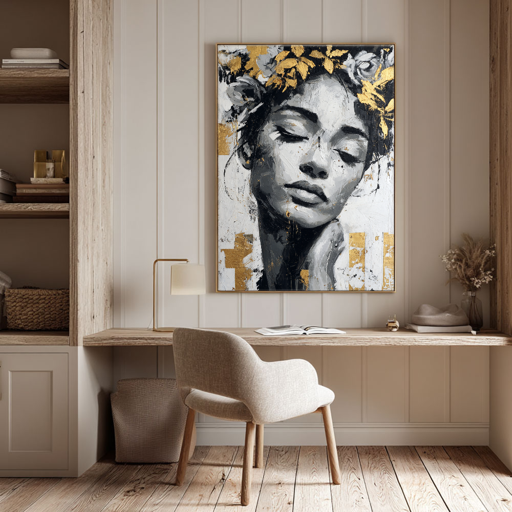 Black and White Gold Accent Textured Portrait Woman with Floral Crown Impasto Canvas Wall Art for Modern Living Room Bedroom Office Dining Hallway Decor