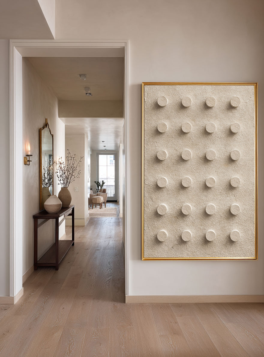 Minimalist Beige 3D Raised Circle Geometric Textured Plaster Wall Art for Modern Home Decor, Neutral Abstract Wall Decor with Stucco Texture, Wabi-Sabi Inspired? No Symmetric! Correct: Neutral Abstract 3D Circle Geometric Textured Plaster Wall Art