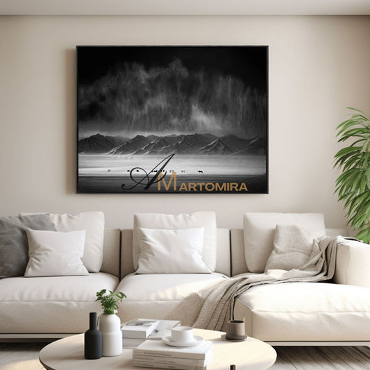 Landscape Wall Art | Acrylic Mountain Painting | Large Black And White Wall Art | Canvas Paint #MF041