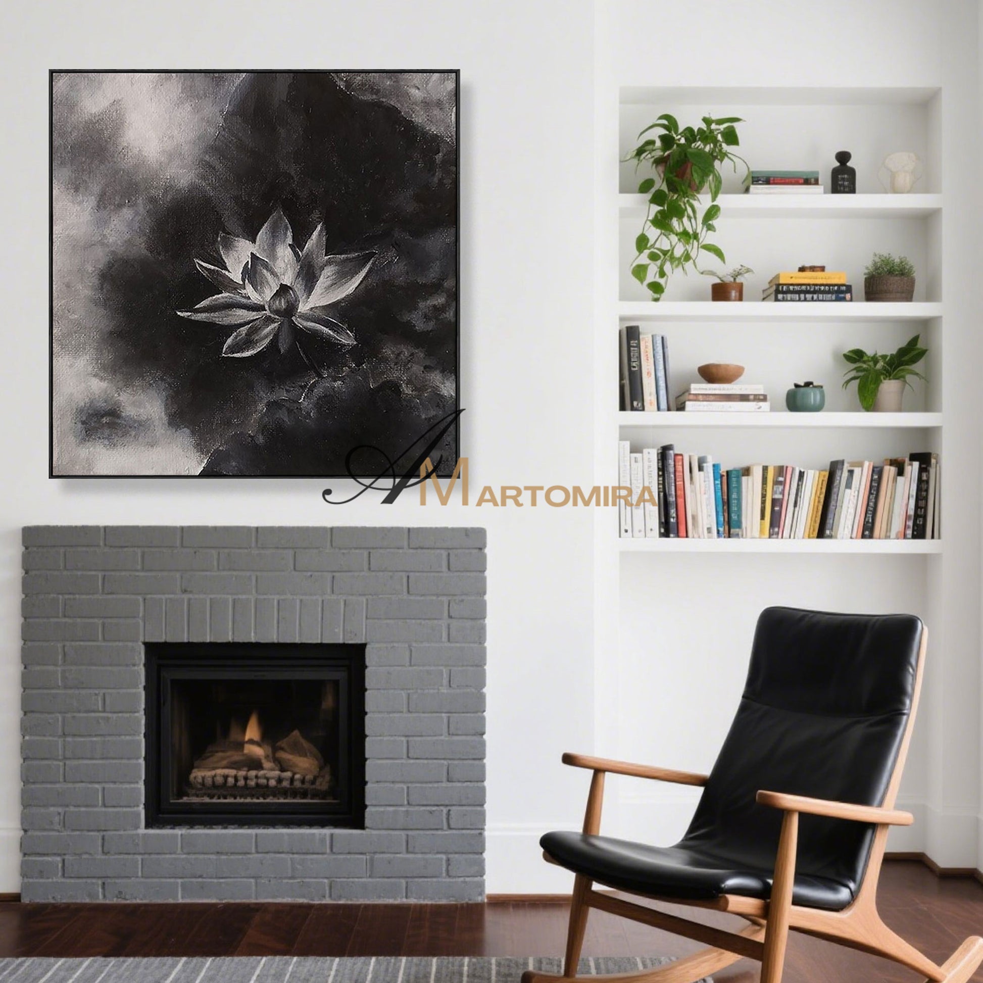Abstract Floral Painting | Lotus Flower Painting | Large Floral Canvas Wall Art | Black Wall Art #MF047