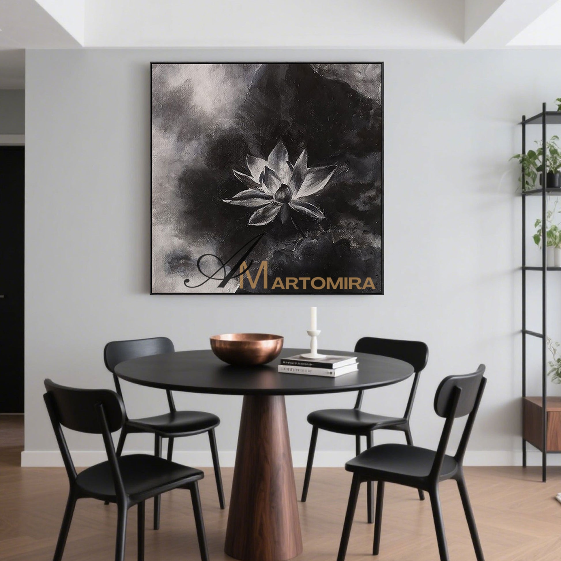 Abstract Floral Painting | Lotus Flower Painting | Large Floral Canvas Wall Art | Black Wall Art #MF047