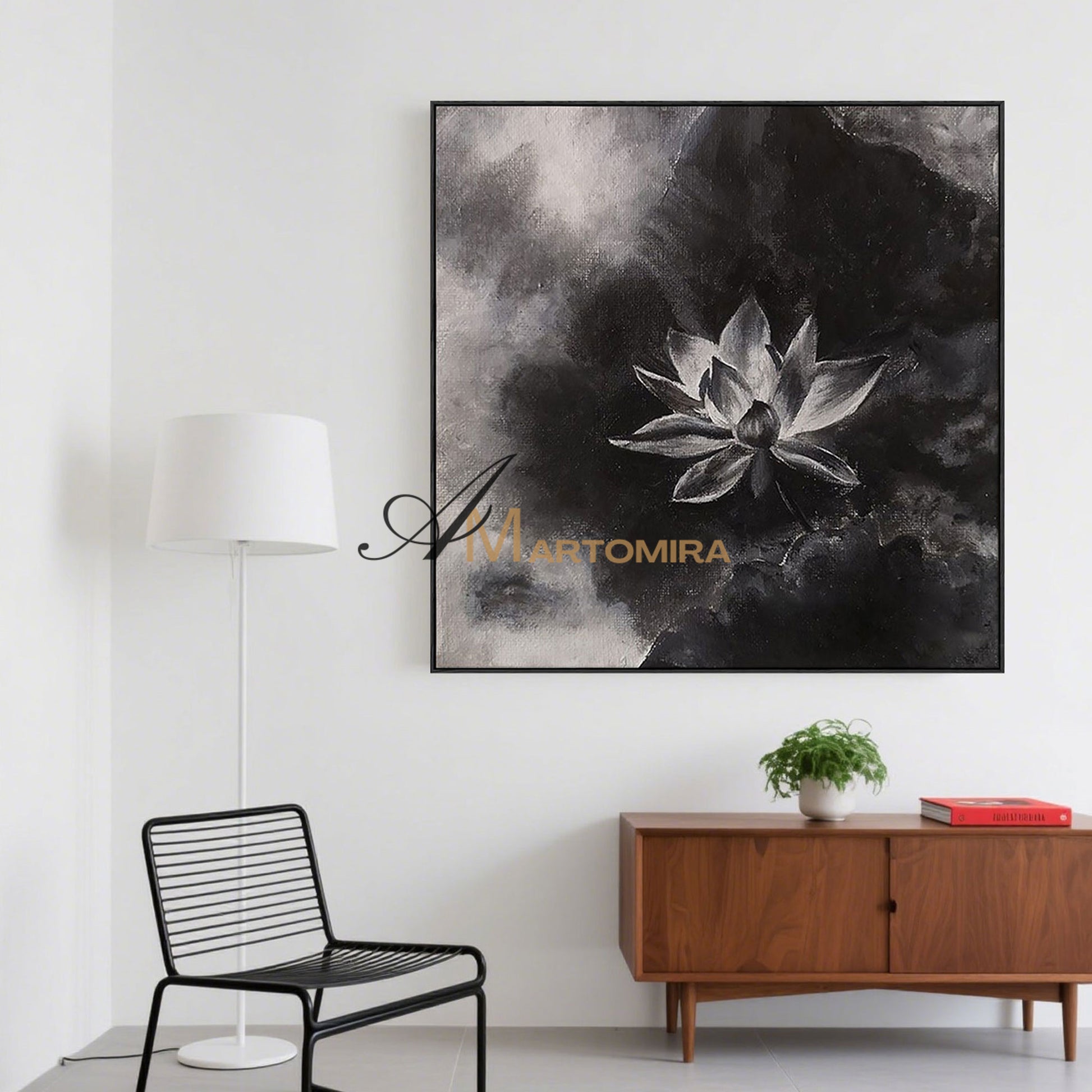 Abstract Floral Painting | Lotus Flower Painting | Large Floral Canvas Wall Art | Black Wall Art #MF047