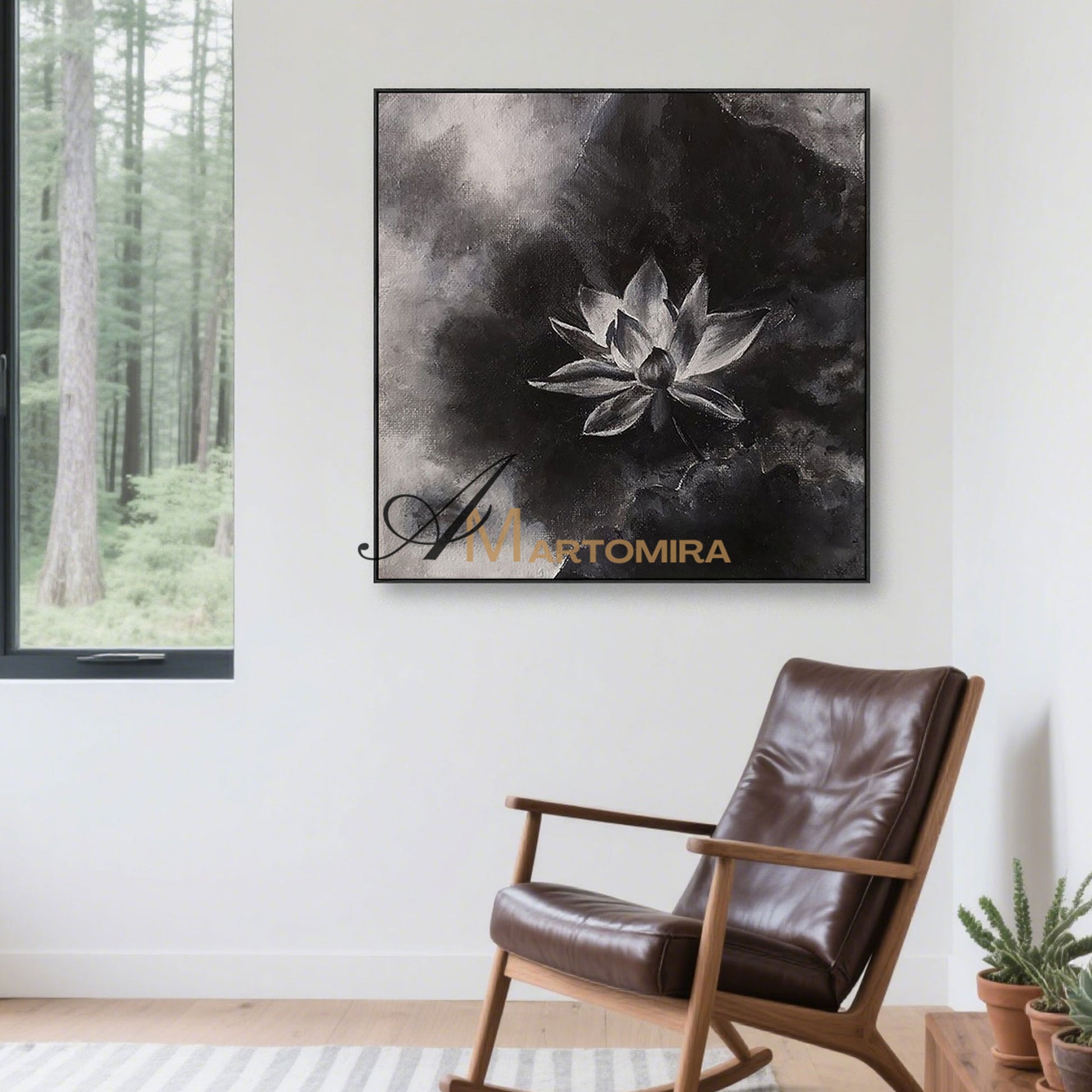 Abstract Floral Painting | Lotus Flower Painting | Large Floral Canvas Wall Art | Black Wall Art #MF047