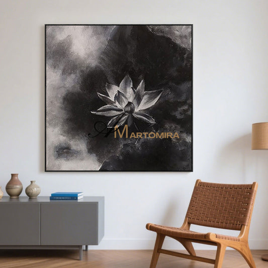 Abstract Floral Painting | Lotus Flower Painting | Large Floral Canvas Wall Art | Black Wall Art #MF047