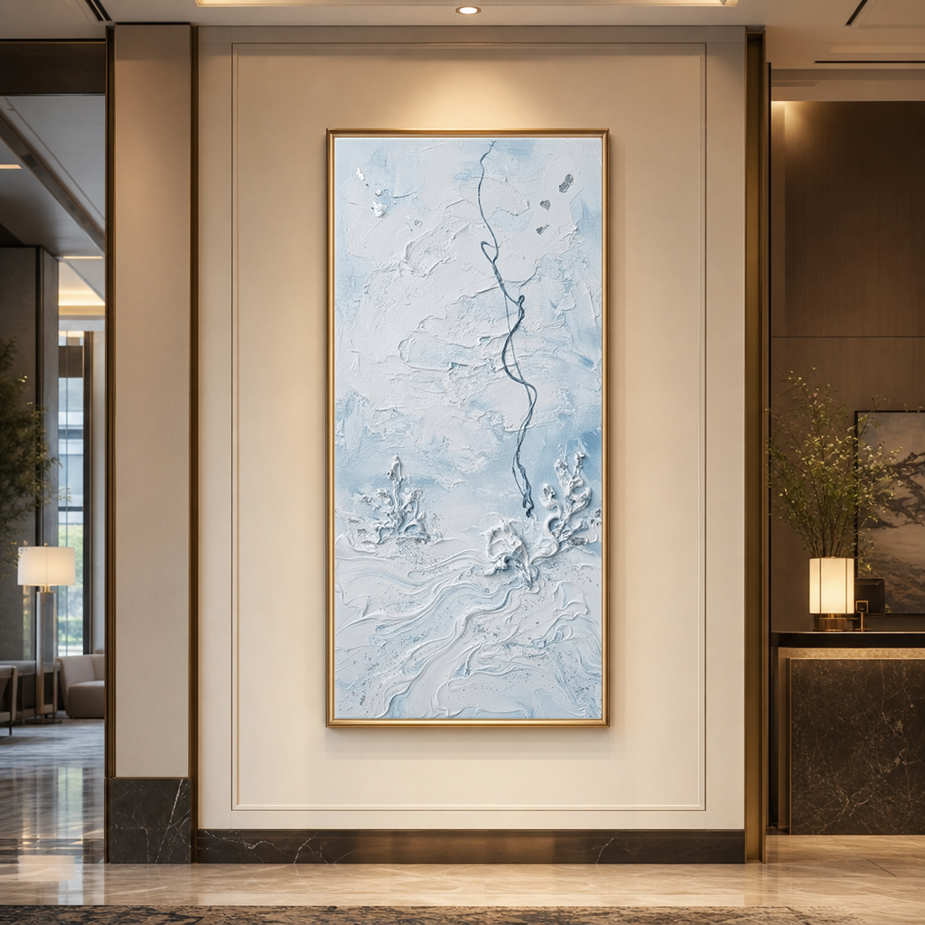 Minimalist Light Blue White Abstract Textured Ocean-inspired Framed Wall Art for Modern Living Room Bedroom Dining Room Hallway Office