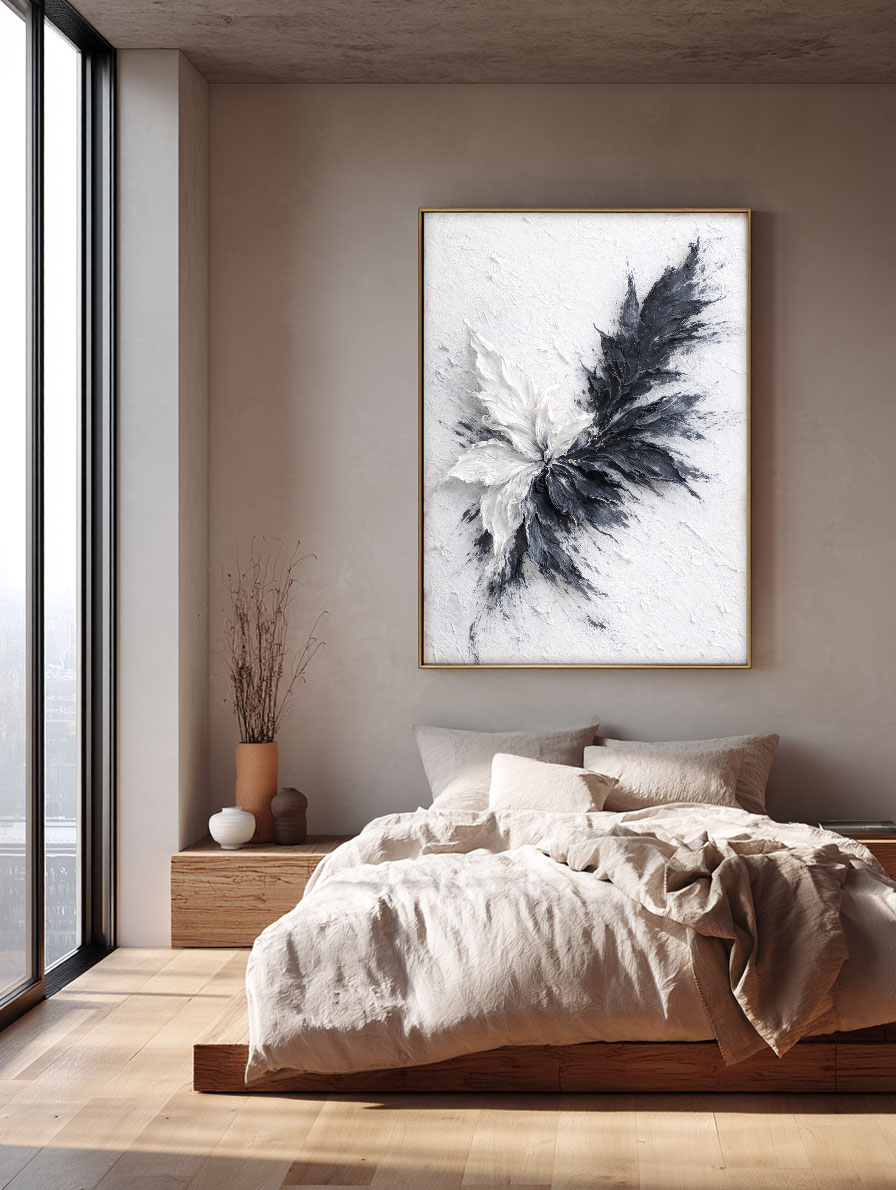 Black White Dark Grey Light Grey Impasto Textured Abstract Floral Leaf Wall Art for Living Room Office Bedroom Dining Room Hallway, Thick Knife Brush Paint Stacking, Modern Minimalist Contrast Monochrome Home Decor