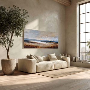 Vintage Landscape Wall Art - Panoramic Muted Marshland Acrylic Painting