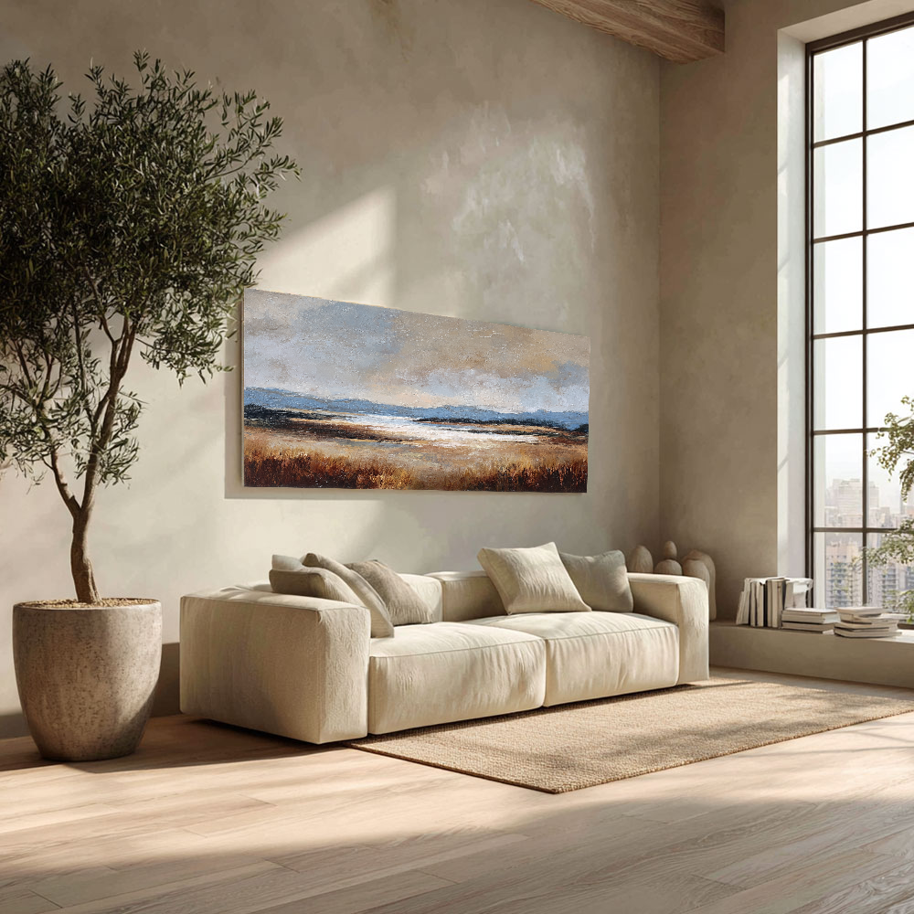 Vintage Landscape Wall Art - Panoramic Muted Marshland Acrylic Painting